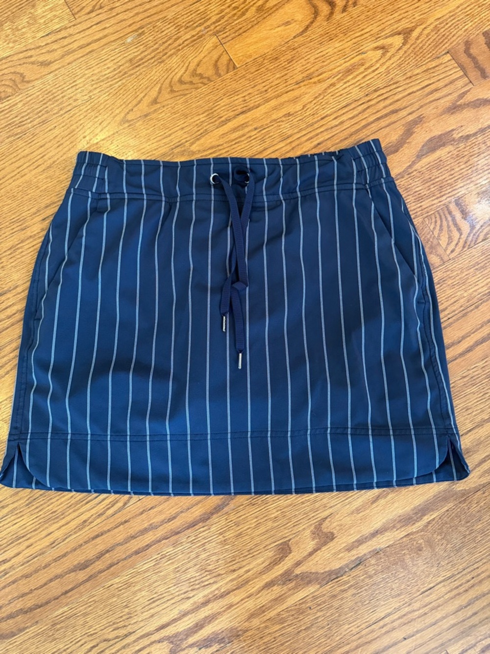 Athleta Navy Blue Pinstripe Drawstring Mini Skirt